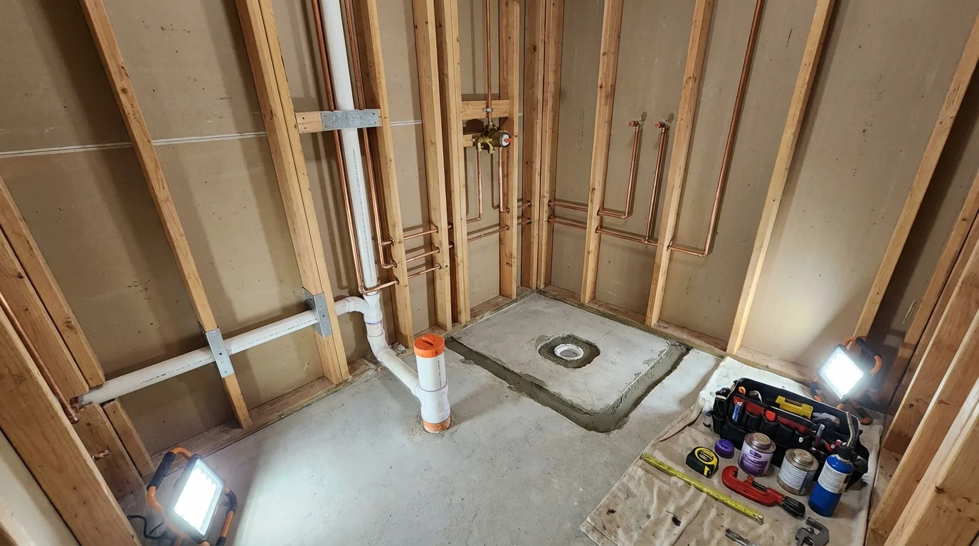 Bathroom rough-in plumbing during remodel by Johns Plumbing LLC in Barranquitas