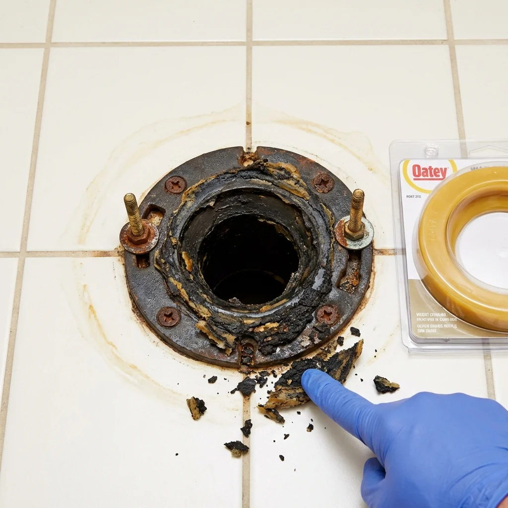 Failed wax ring showing water seepage at the base of a toilet in a Barranquitas, PR home
